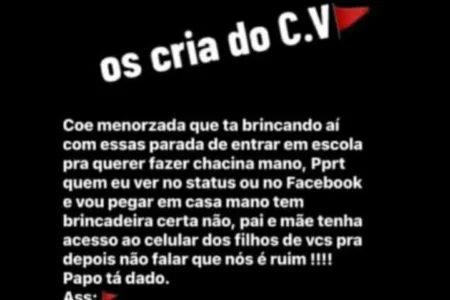  Suposto alerta do Comando Vermelho proíbe “brincadeiras” sobre chacinas em escolas