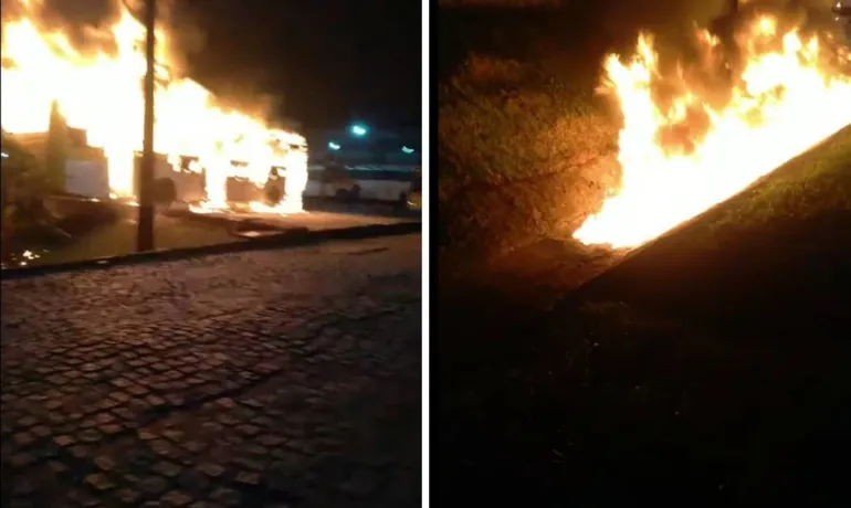  Ônibus pega fogo em garagem na Avenida Suburbana