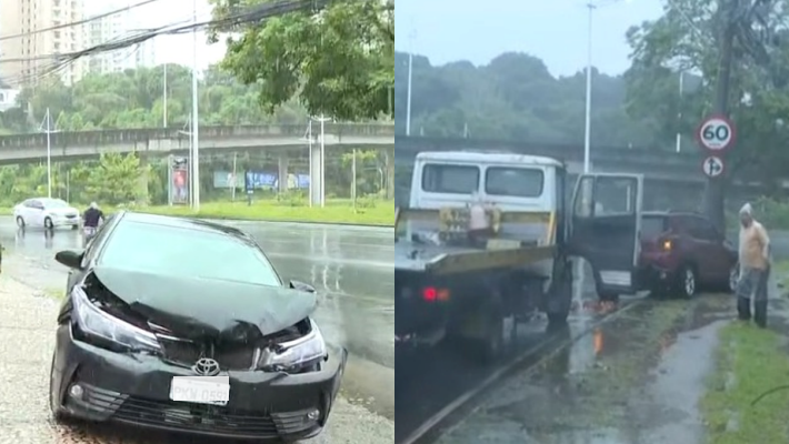  Carro bate em poste ao ser atingido por outro veículo