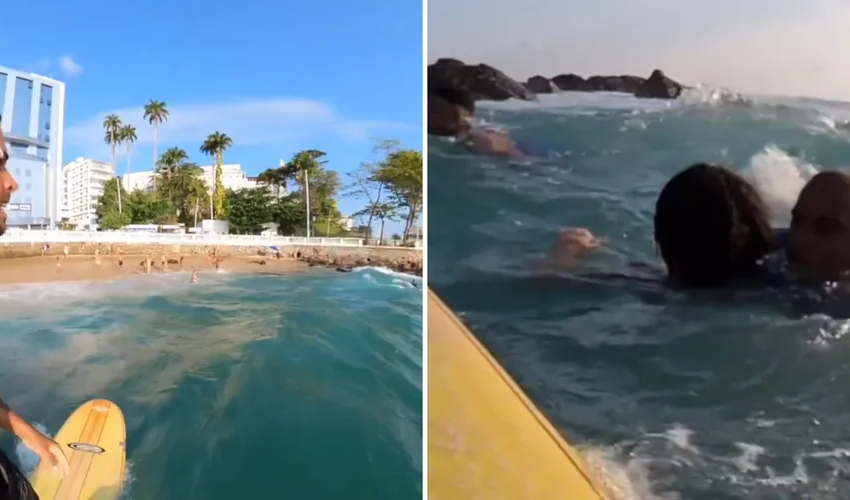  Surfista resgata três pessoas de afogamento em praia da Barra; veja vídeo