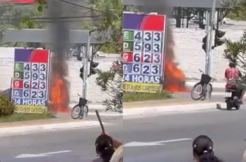  Carro pega fogo próximo a posto de combustível em Camaçari